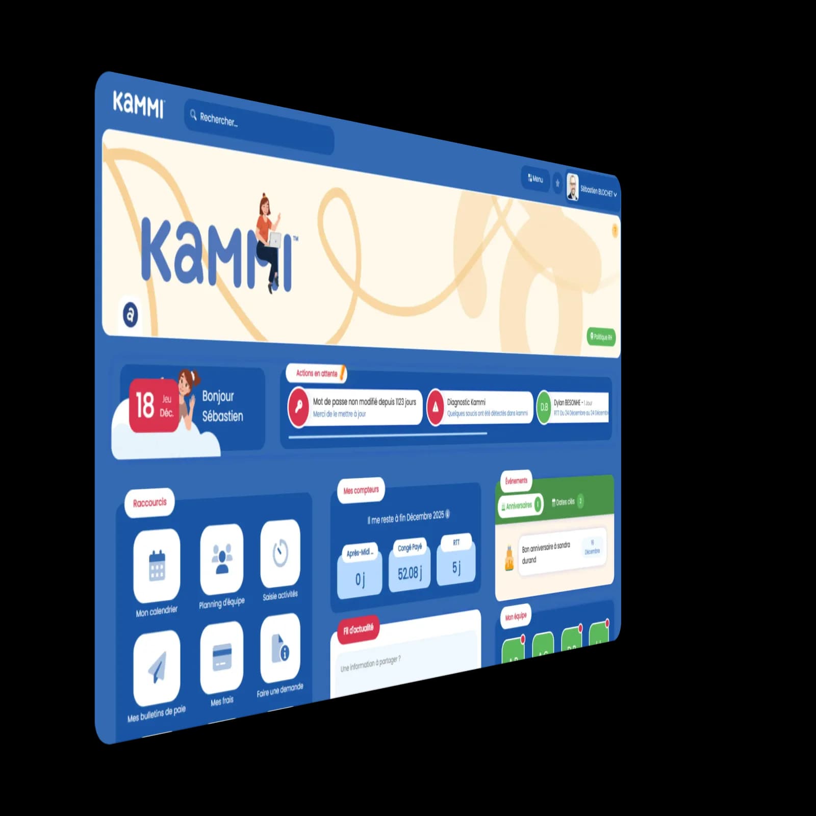 Page d'accueil du SIRH Kammi avec tableau de bord personnalise Accueil Kammi