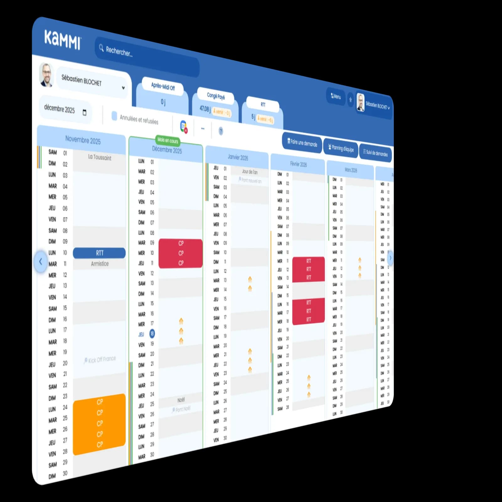 Planning visuel des conges et absences de l'equipe Planning des conges Kammi