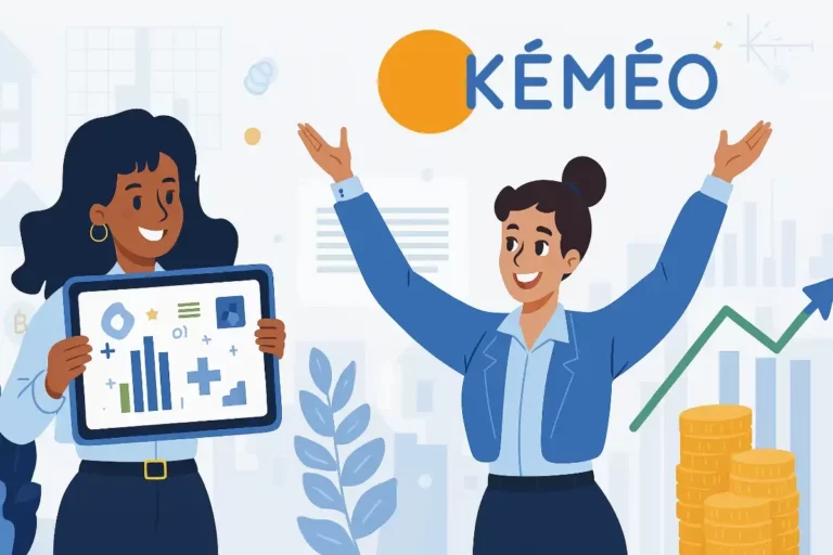 Illustration de la levée de fonds de 500 000 € de Kéméo et Kammi, montrant deux collaboratrices célébrant la croissance et l’investissement dans un univers RH moderne.
