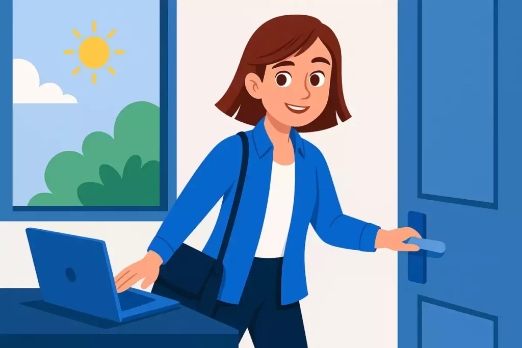 Salariée quittant son bureau pour profiter d’un jour de RTT, équilibre vie professionnelle et personnelle