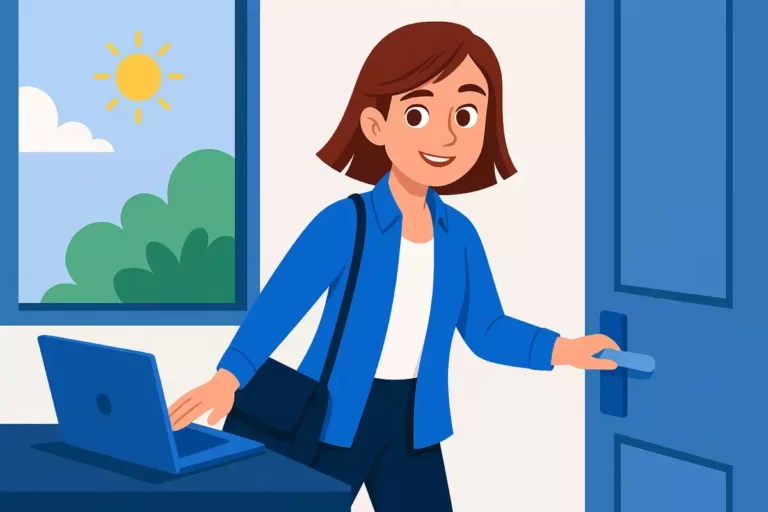 Salariée quittant son bureau pour profiter d’un jour de RTT, équilibre vie professionnelle et personnelle