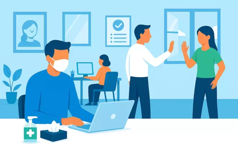 Illustration d’un bureau en entreprise avec gestes préventifs contre le coronavirus : salarié portant un masque, gel hydroalcoolique, salutation à distance et aération.