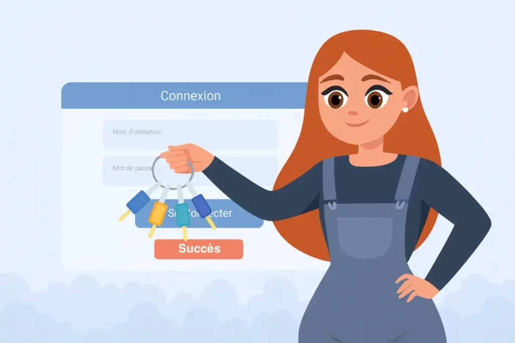 Illustration d’une salariée stylisée tenant des clés symbolisant l’accès sécurisé à un logiciel RH, écran de connexion Kammi affiché.