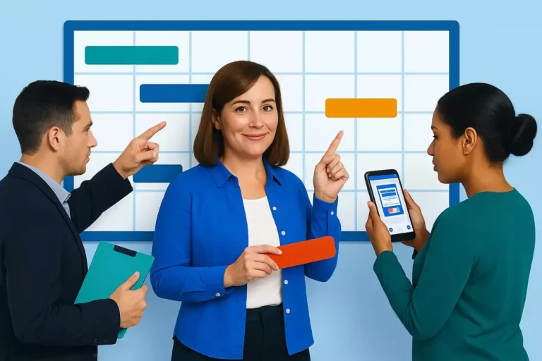 Collègues collaborant autour d’un planning pour illustrer la gestion des temps et activités en entreprise