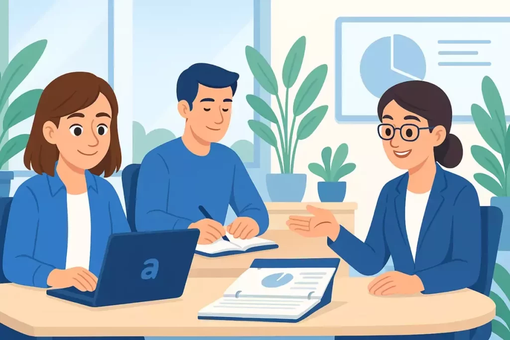 Illustration du bien-être au travail avec des collaborateurs apaisés et motivés en entreprise