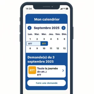 Smartphone en flat design affichant un calendrier de RTT sur fond blanc, interface de gestion des congés.
