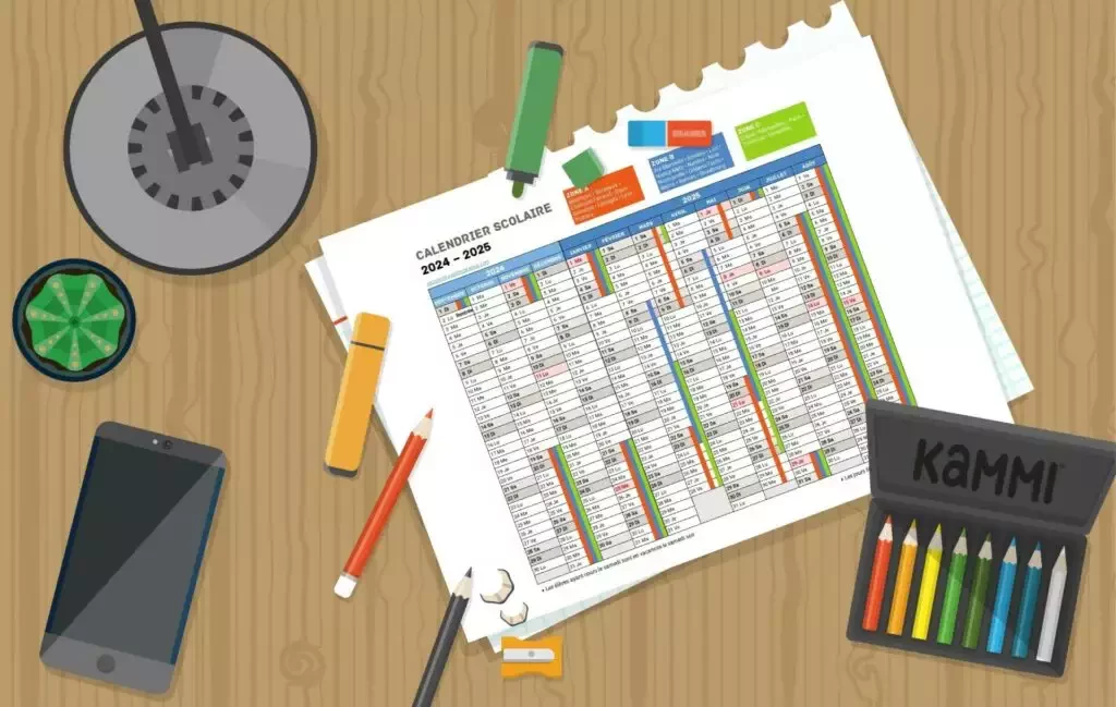 Illustration d’un bureau avec un calendrier scolaire 2024-2025, entouré de fournitures colorées, pour planifier les congés en entreprise.