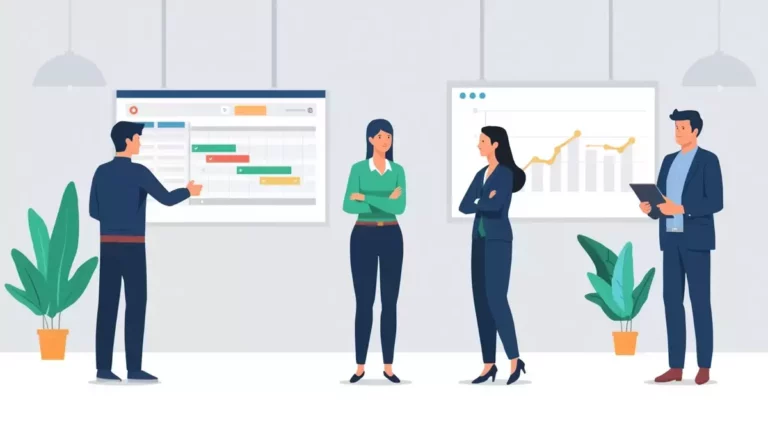 Illustration représentant une équipe utilisant un logiciel de gestion du temps dans un environnement professionnel, symbolisant un gain de productivité.