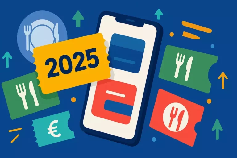 Titres‑restaurant papier et numériques autour d’un smartphone, avec l’inscription 2025, symbolisant la mise à jour du plafond.