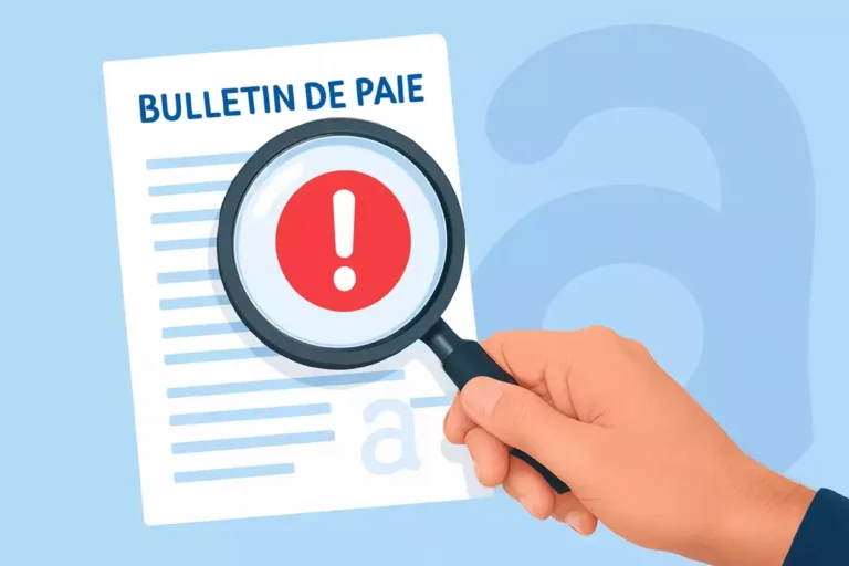 Illustration d’un bulletin de paie avec une loupe mettant en évidence une erreur, symbole d’alerte rouge.