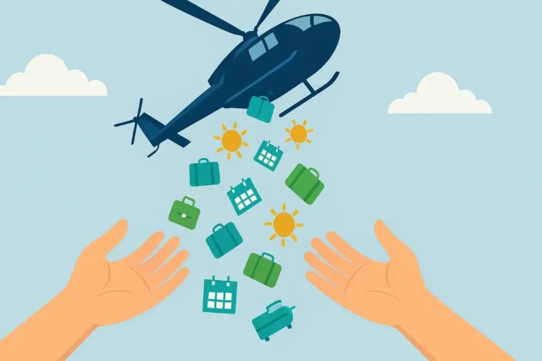 Hélicoptère vu de dessous lâchant des icônes de vacances comme des soleils, valises et calendriers, récupérés par des mains tendues, illustrant le concept de vacances illimitées.