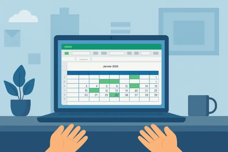 Ordinateur portable affichant un calendrier Excel de janvier 2025 avec des jours de congés colorés, illustrant un modèle de planning de congés en entreprise.