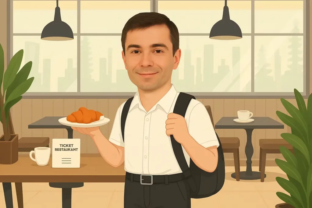 Jeune apprenti dans une cafétéria d’entreprise tenant un plateau-repas et un titre-restaurant, illustration sur les titres-restaurant pour les apprentis.