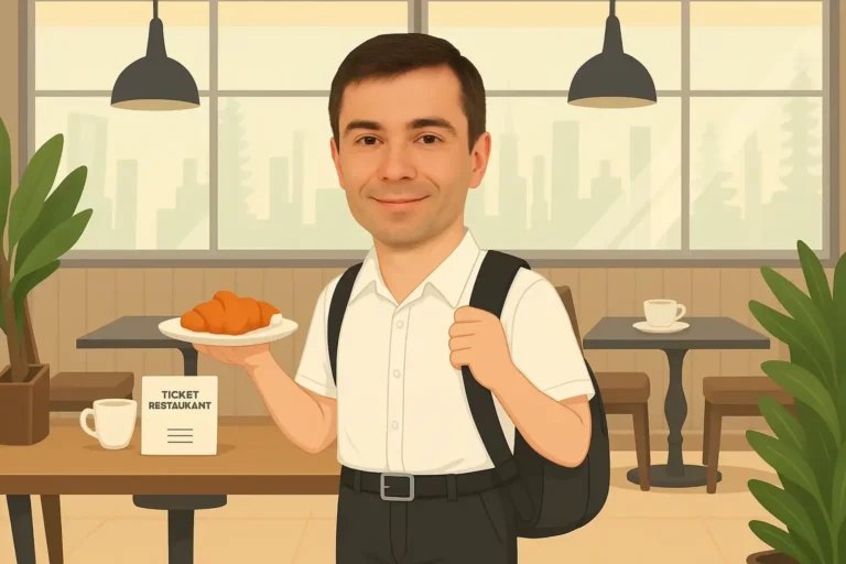 Jeune apprenti dans une cafétéria d’entreprise tenant un plateau-repas et un titre-restaurant, illustration sur les titres-restaurant pour les apprentis.