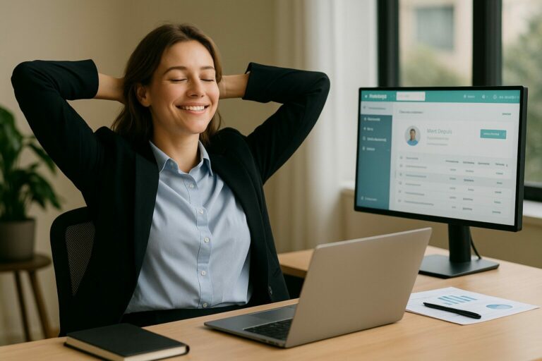 Femme RH souriante et relaxée, assise devant son bureau avec le logiciel Kammi affiché sur l’écran