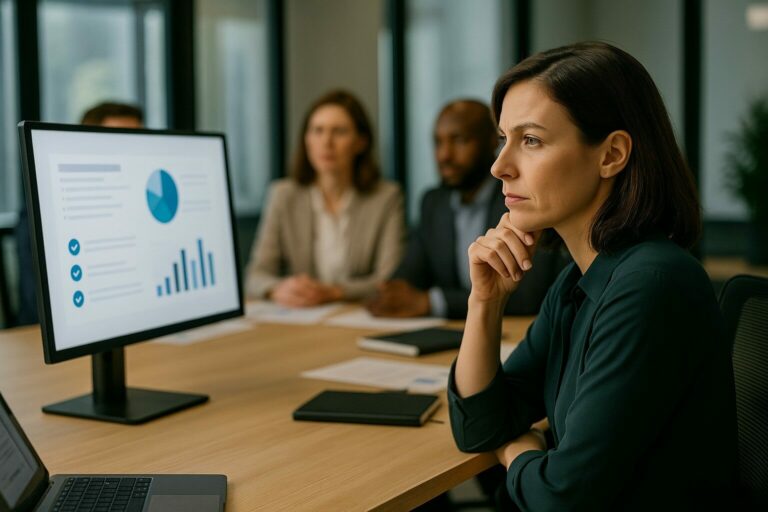 Femme professionnelle concentrée en réunion avec d'autres collègues, observant un écran avec des données de gestion RH