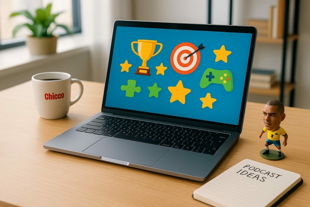 Ordinateur portable affichant des icônes de jeu sur un bureau clair en lumière naturelle