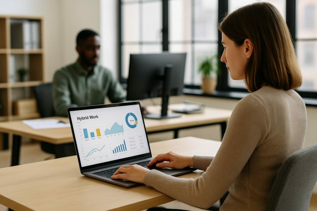 Femme travaillant sur un ordinateur portable dans un bureau lumineux chez elle