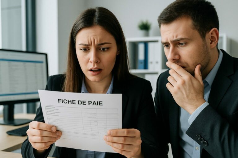 Femme et homme en tenue professionnelle regardant une fiche de paie avec inquiétude
