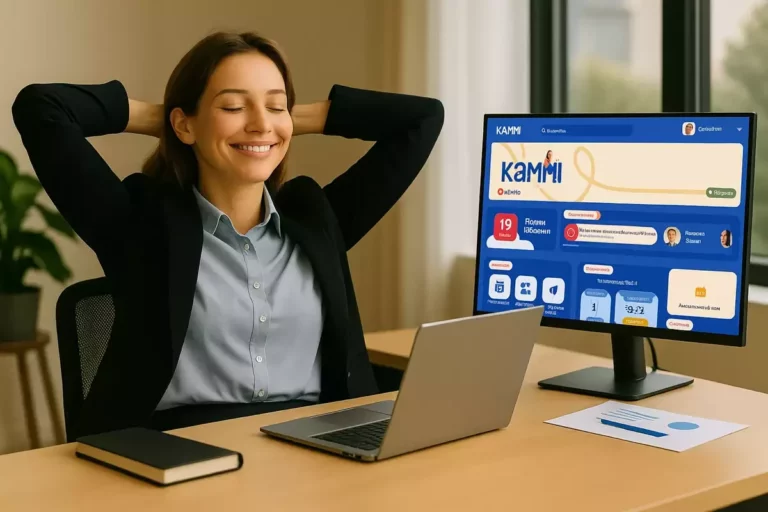 Salariée détendue au bureau consultant ses compteurs de RTT dans le logiciel SIRH Kammi