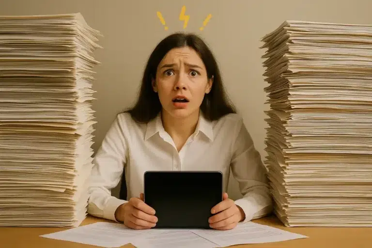 Femme dépassée par une surcharge administrative, assise entre deux piles de dossiers papier avec une tablette en main, illustrant la complexité de la gestion RH sans SIRH