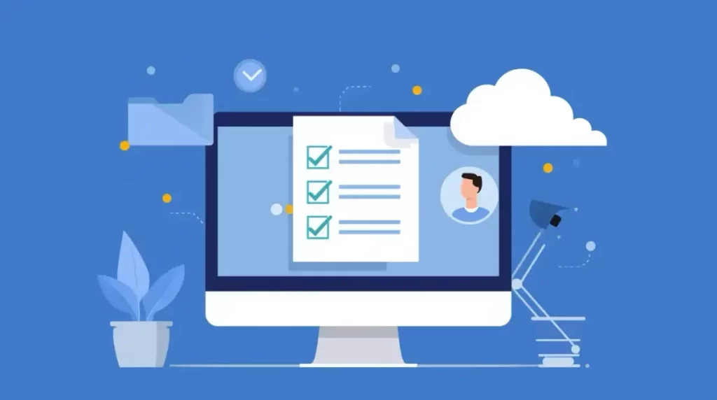 Illustration vectorielle d’un ordinateur affichant une checklist validée représentant un dossier salarié numérique.