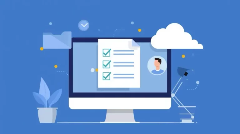 Illustration vectorielle d’un ordinateur affichant une checklist validée représentant un dossier salarié numérique.