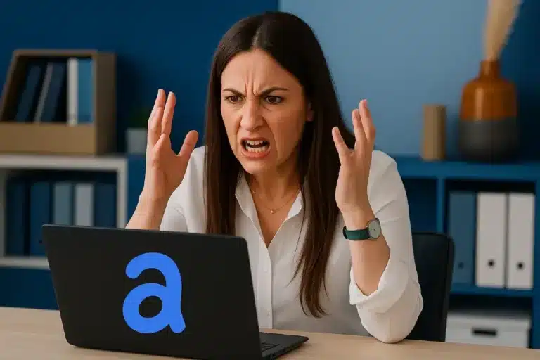 Salariée en colère de fatigue face à son ordinateur, dans un bureau moderne aux couleurs de Kammi, illustrant une surcharge de travail ou une frustration professionnelle.