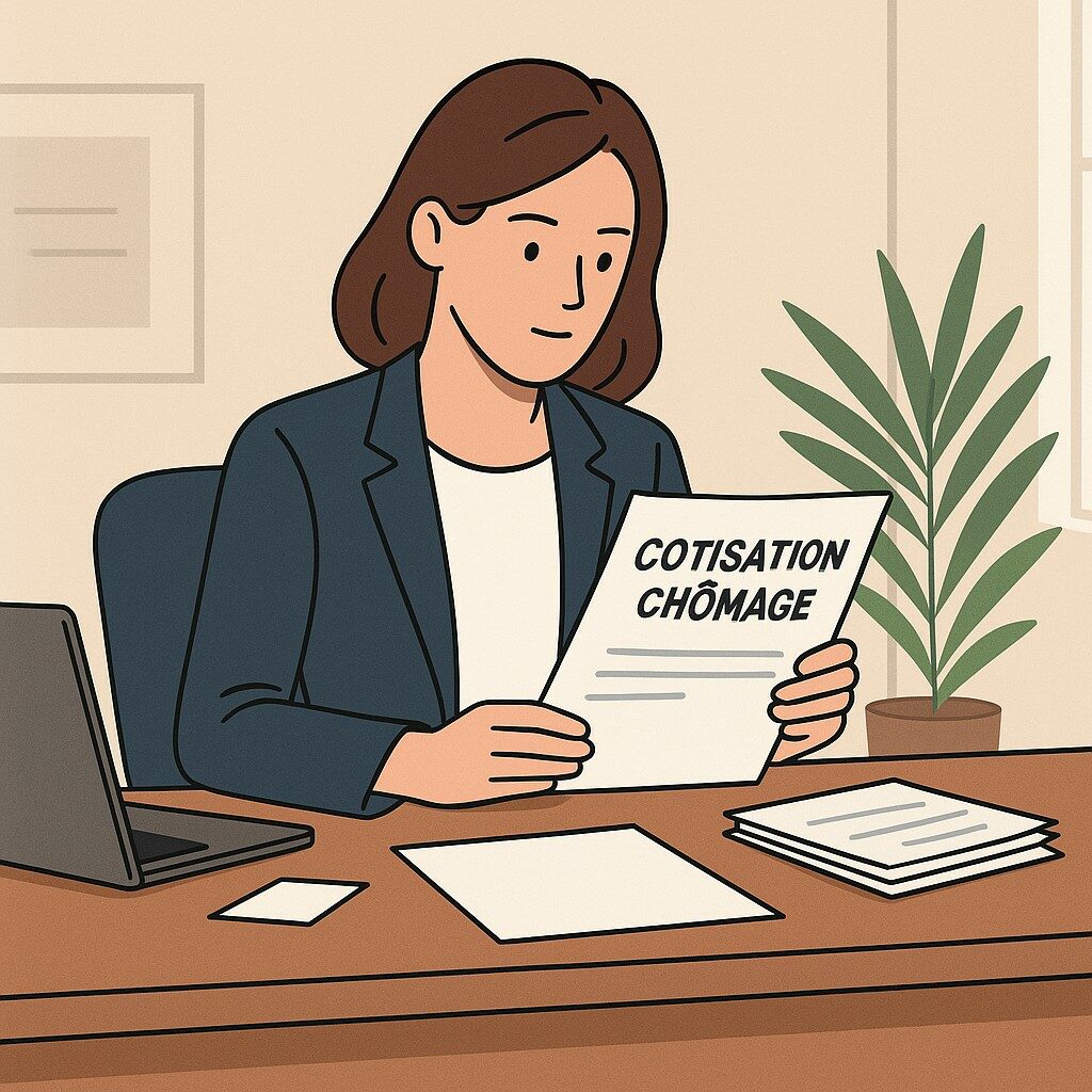 Femme professionnelle analysant un document intitulé “Cotisation chômage” dans un bureau moderne