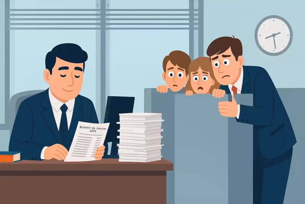 Inspecteur au visage serein examinant des bulletins de paie pendant que deux collaborateurs observent avec inquiétude