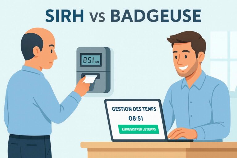 Un salarié utilise un SIRH pour enregistrer son temps de travail, à côté d’une badgeuse murale.