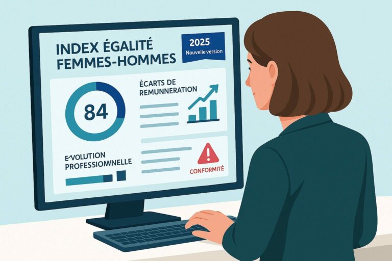 Tableau de bord RH affichant l’index égalité femmes-hommes avec les nouveaux indicateurs 2025.