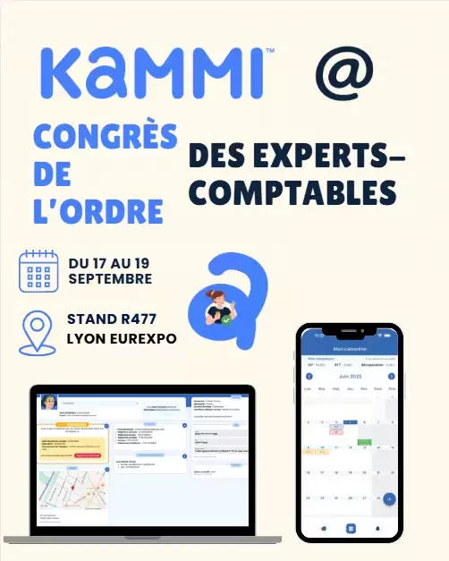 Illustration vectorielle de Kammi au Congrès de l’Ordre des Experts-Comptables à Lyon, avec les dates, le stand R477 et des visuels d’interface RH.