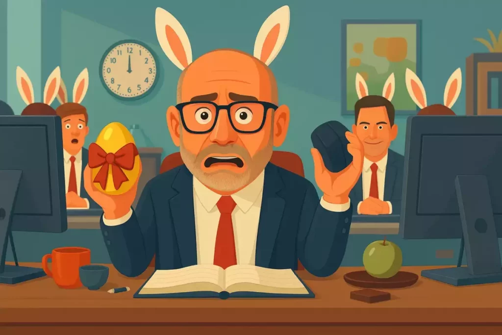 Homme de bureau paniqué avec des oreilles de lapin tenant un œuf de Pâques, illustrant la suppression des jours fériés travaillés