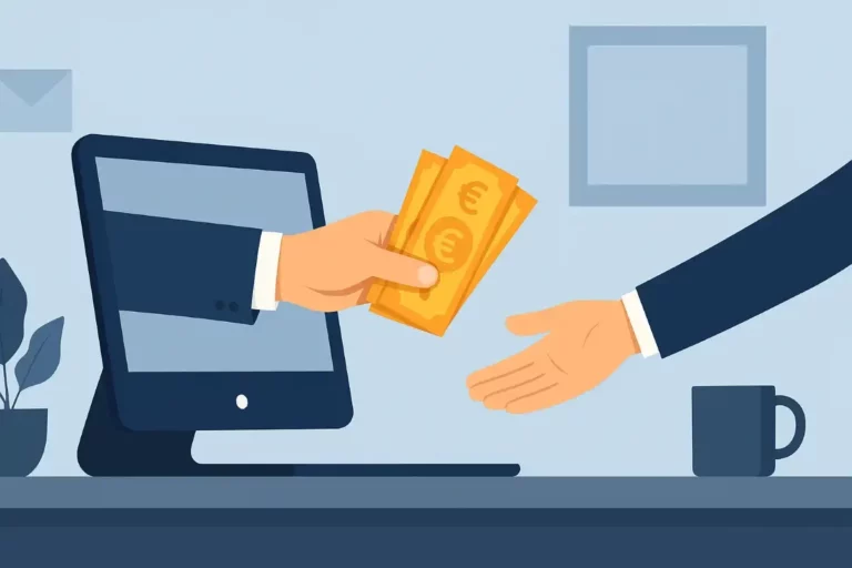 Main sortant d’un ordinateur tendant des billets en euros à une autre main tendue, symbolisant le versement d’un acompte sur salaire.