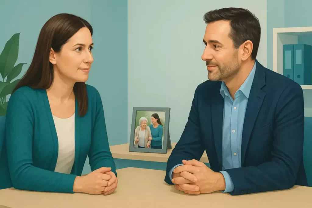 Salariée regardant son manager dans les yeux en évoquant son congé de proche aidant, avec une photo personnelle posée sur le bureau