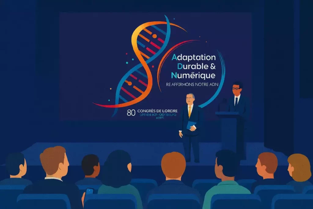 Illustration d’un congrès professionnel à Lyon en 2025 avec un intervenant au pupitre et un grand écran affichant le visuel officiel du 80e congrès des experts-comptables.