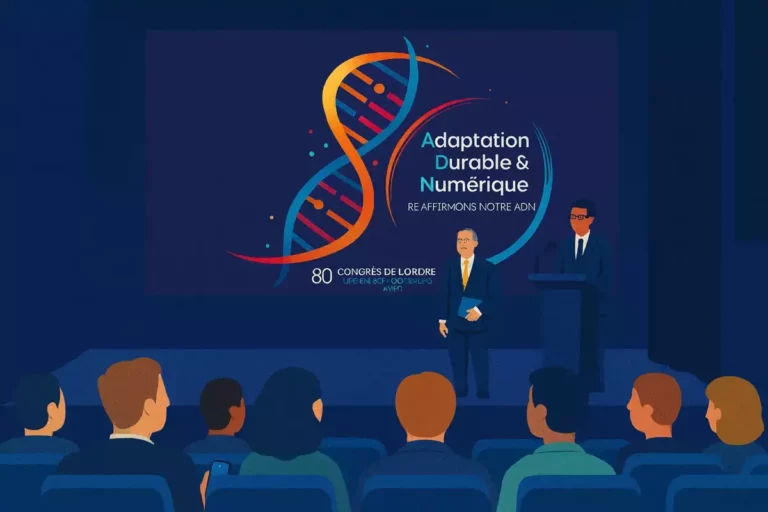 Illustration d’un congrès professionnel à Lyon en 2025 avec un intervenant au pupitre et un grand écran affichant le visuel officiel du 80e congrès des experts-comptables.