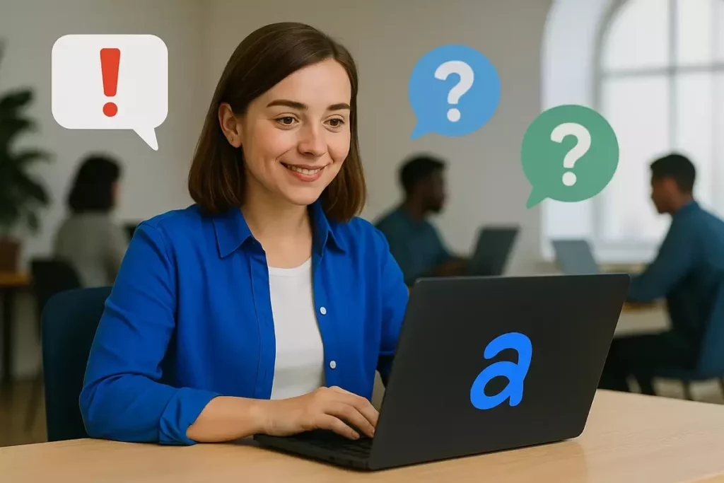 Illustration d’une salariée consultant une FAQ SIRH avec des bulles de questions-réponses simples
