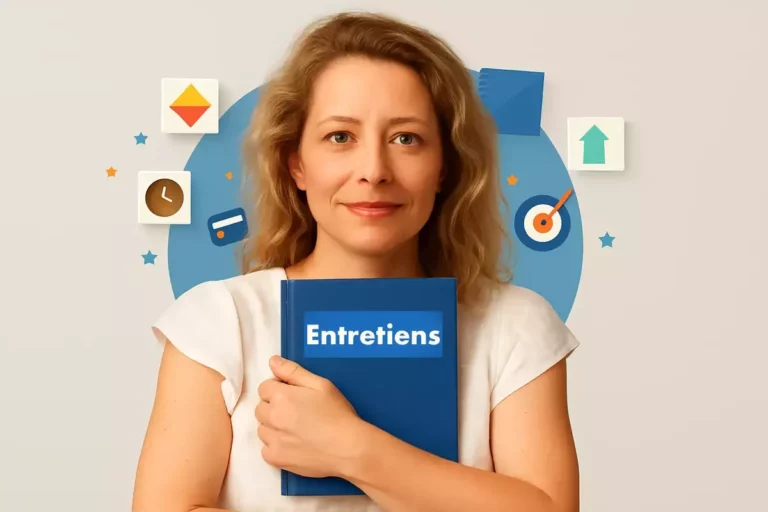 Salariée tenant un guide bleu intitulé “Entretiens”, entourée d’éléments graphiques représentant la gestion RH, le temps et la performance.