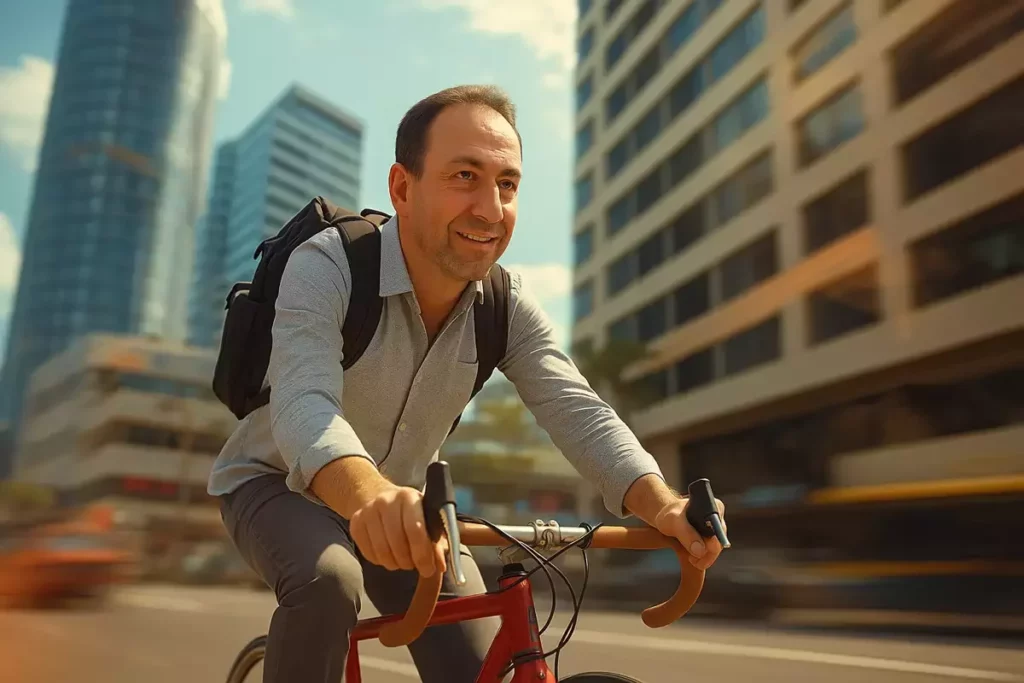 Portrait réaliste d’un salarié à vélo en costume dans une rue urbaine, représentant l’indemnité kilométrique vélo (IKV) en 2025 dans le cadre du forfait mobilités durables