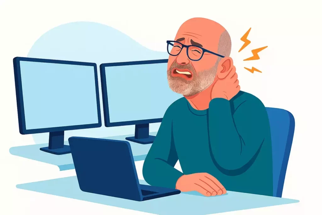 Illustration humoristique d’un collaborateur en télétravail souffrant de douleurs au cou devant un double écran, soulignant l’importance d’une installation ergonomique.