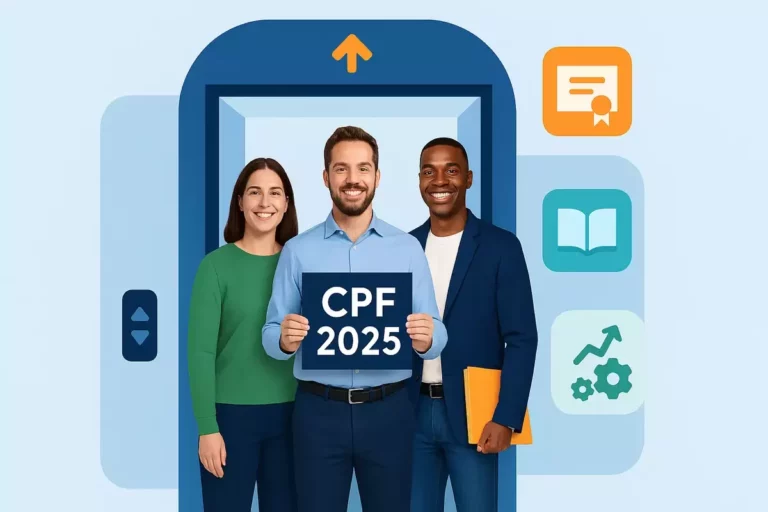 Salariés montant dans un ascenseur futuriste hybride, l’un tenant une pancarte avec le texte CPF 2025, symbolisant la réforme et la nouvelle plateforme de formation professionnelle.