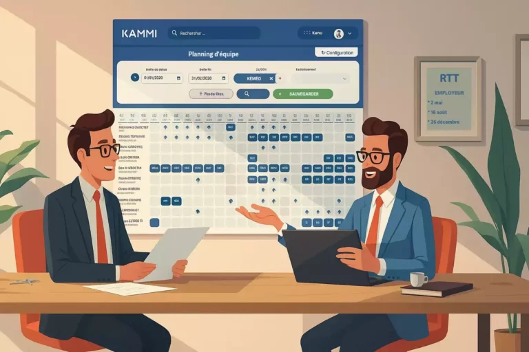 Illustration montrant deux professionnels discutant devant un planning d’équipe numérique affiché au mur, issu du logiciel RH Kammi.