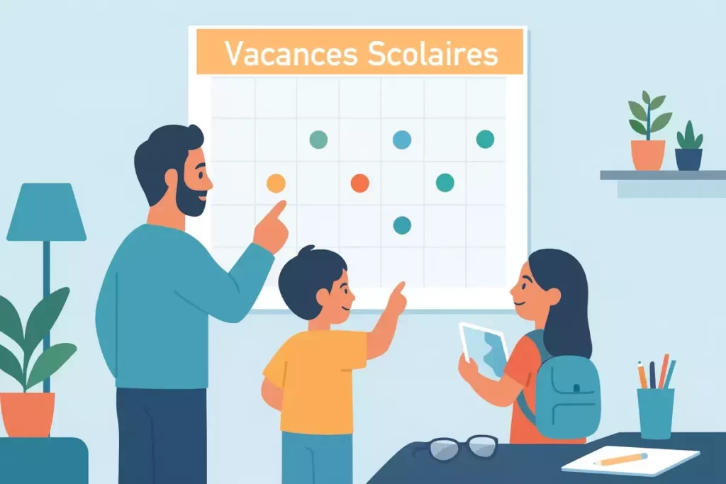 Famille consultant un grand calendrier mural illustrant les vacances scolaires 2025-2026, avec des codes couleurs pour chaque période.