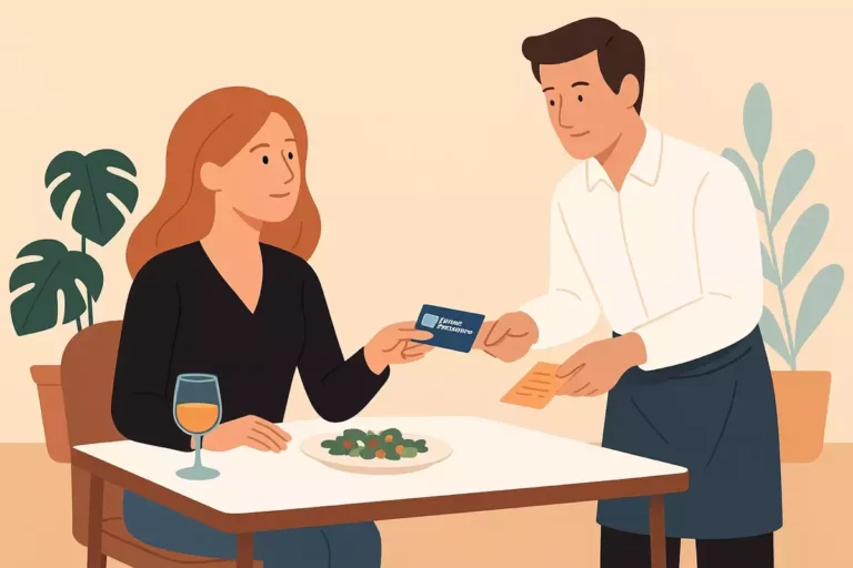 Illustration d'une cliente réglant l'addition au restaurant avec une carte titre-restaurant