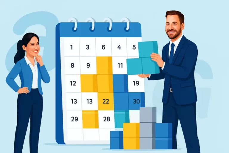 Illustration RH en flat design avec visages réalistes, deux professionnels devant un calendrier fractionné en blocs façon Tetris, avec le A Kammi en arrière-plan.