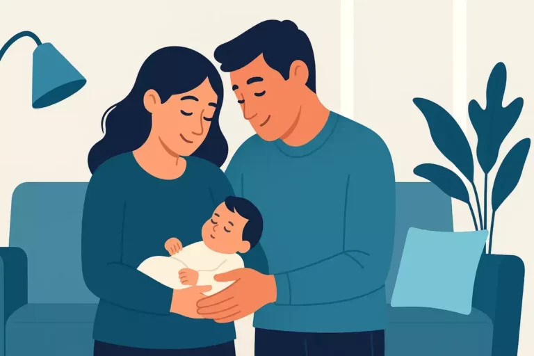 Deux parents tenant tendrement leur nourrisson dans un salon épuré, symbolisant le congé parental