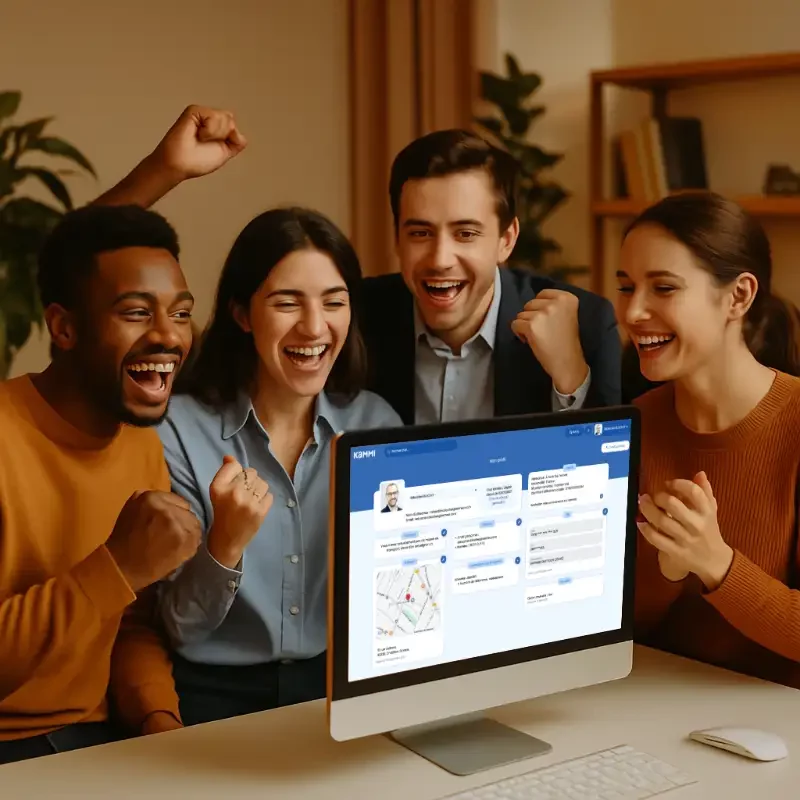 Quatre collègues souriants réunis autour d’un ordinateur affichant le logiciel SIRH Kammi, dans un bureau chaleureux.