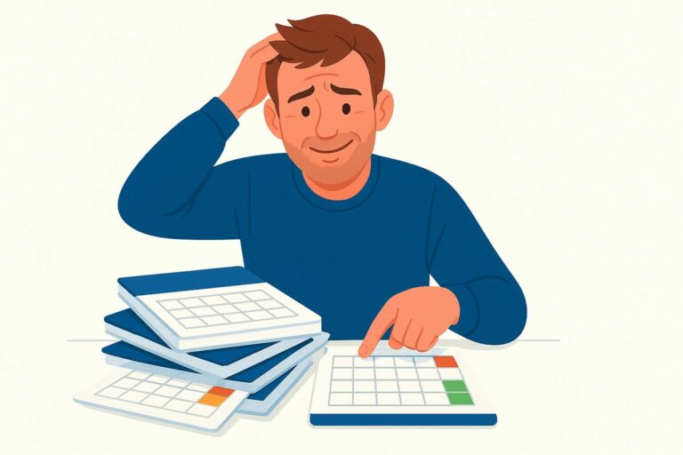 Illustration humoristique en flat design d’un salarié souriant légèrement, perplexe devant plusieurs calendriers empilés.